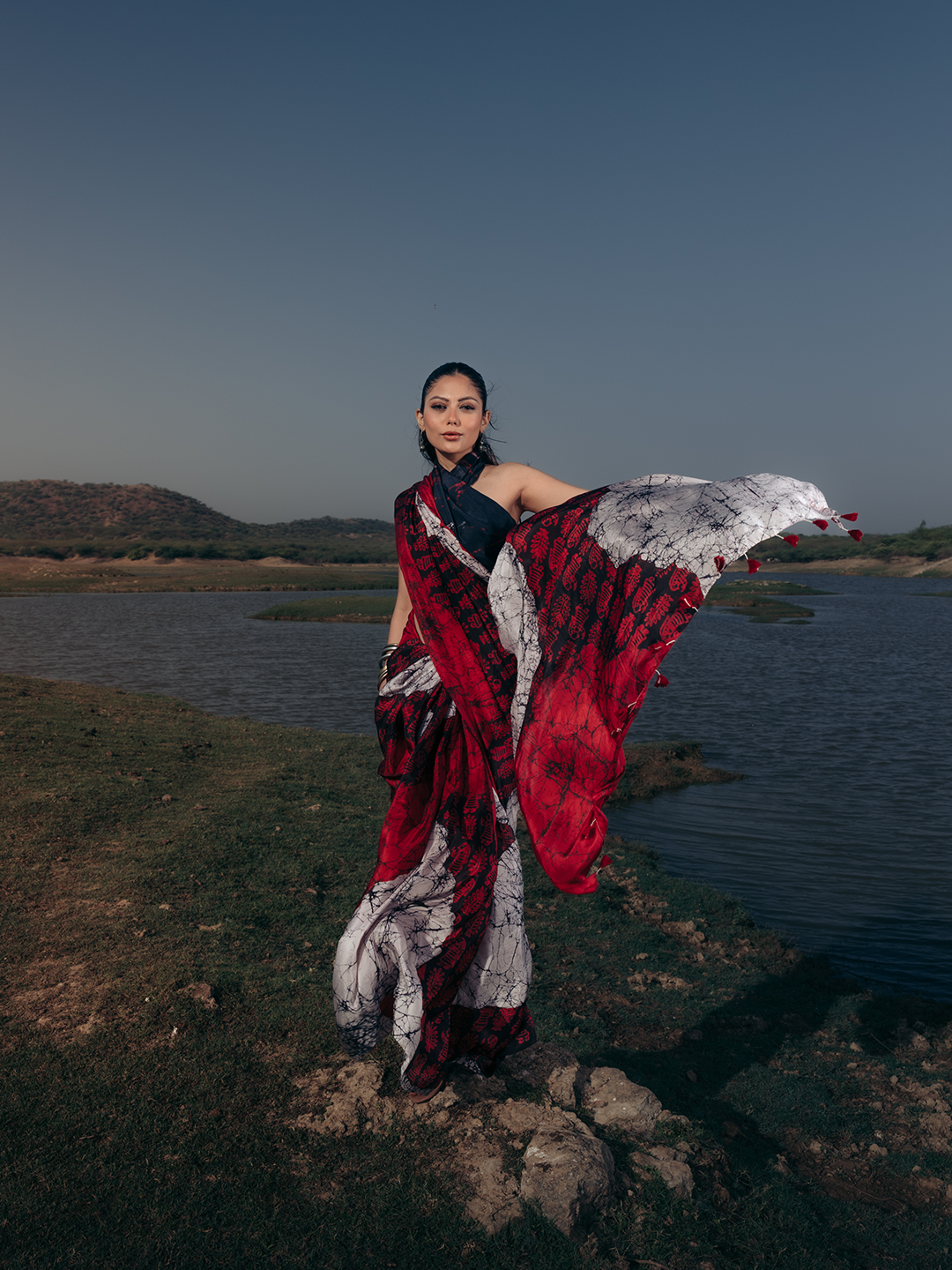 Batik Silk Saree Black, Red & White