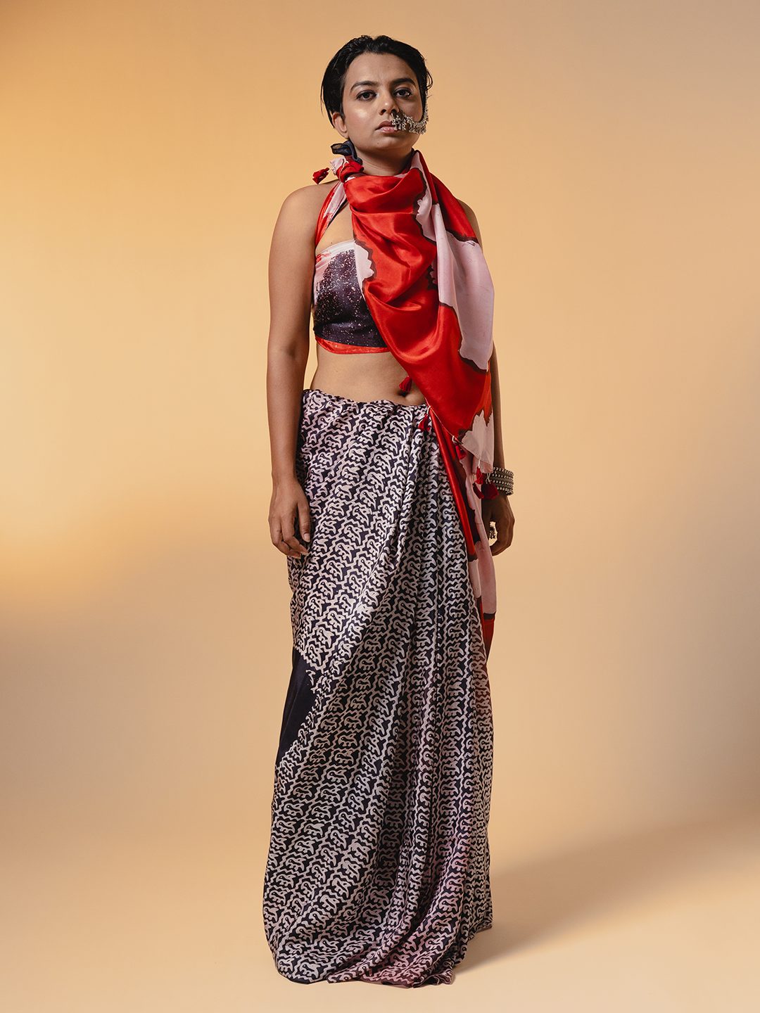 Batik Silk Saree Black, Red & White Charkaliya