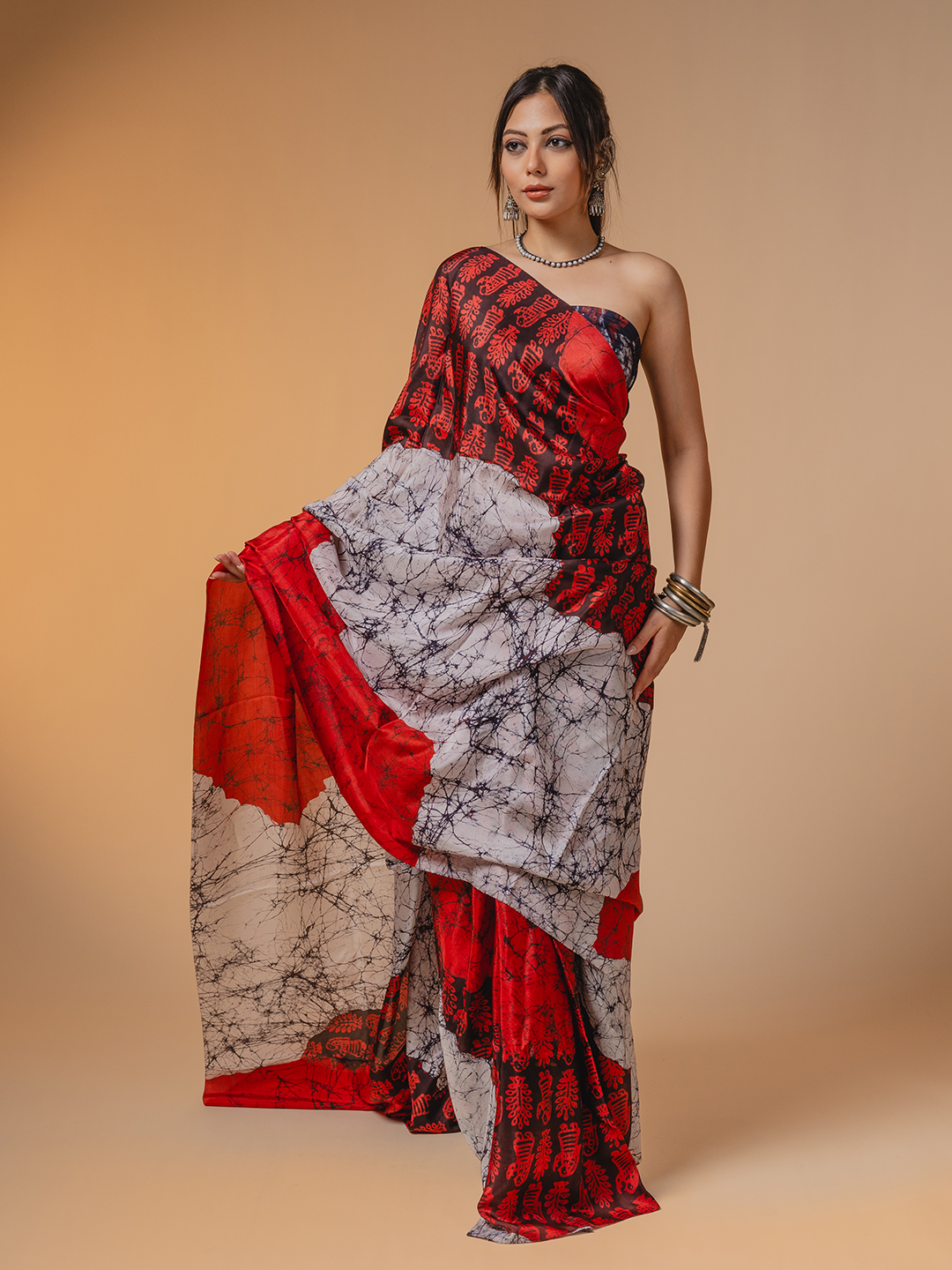 Batik Silk Saree Black, Red & White