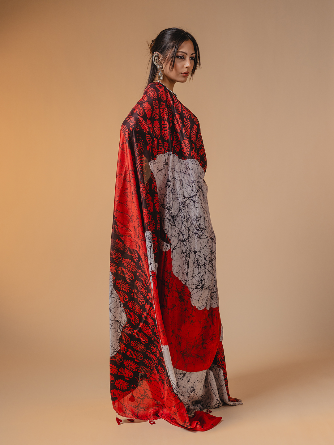 Batik Silk Saree Black, Red & White