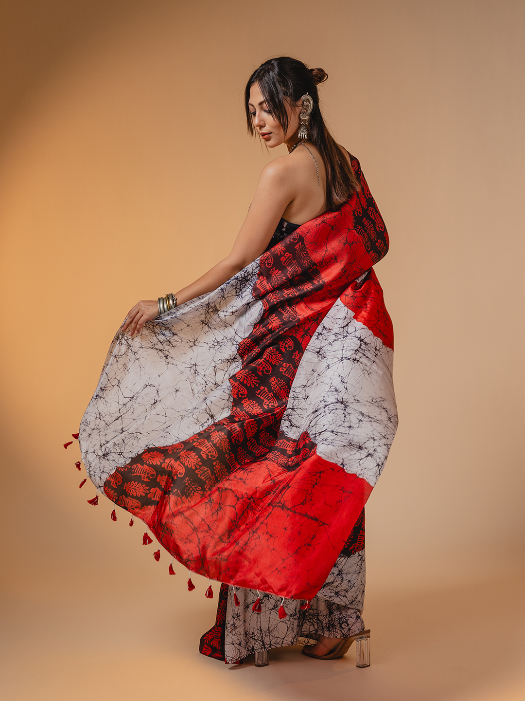 Batik Silk Saree Black, Red & White