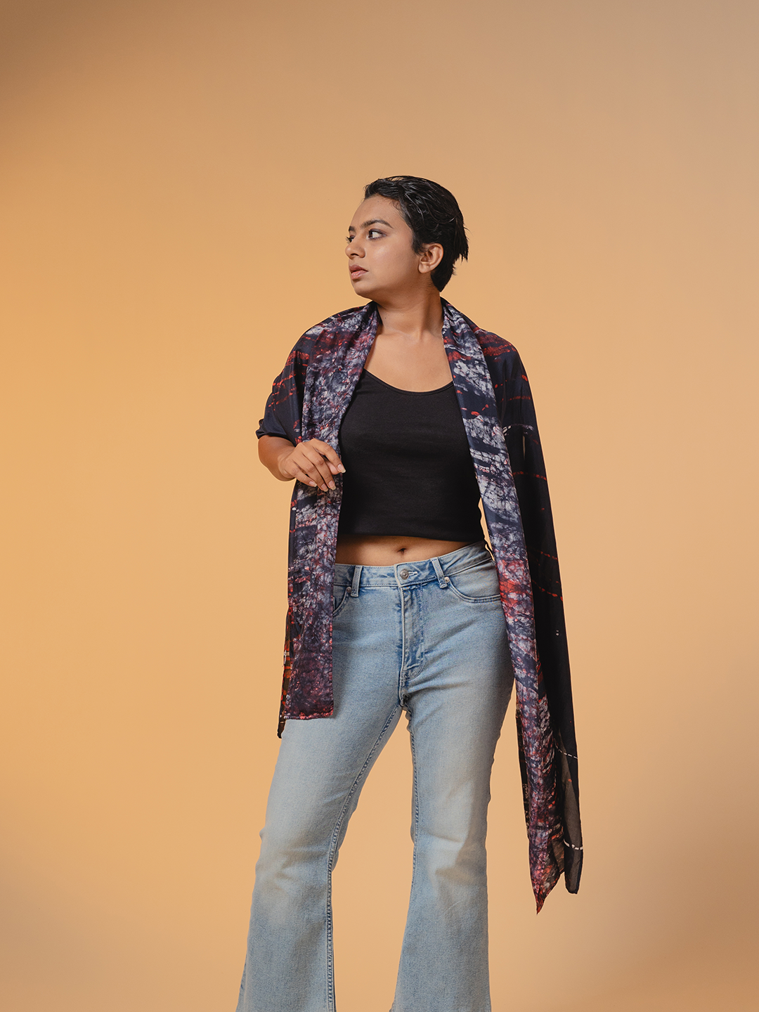 Batik Silk Stole Black, Red & White Flow