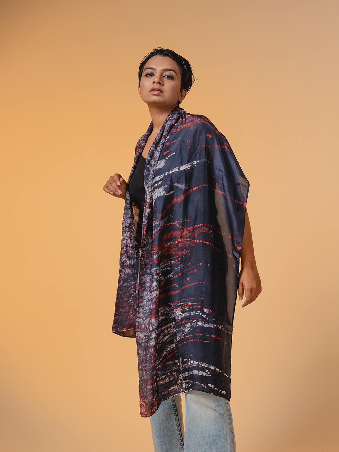 Batik Silk Stole Black, Red & White Flow