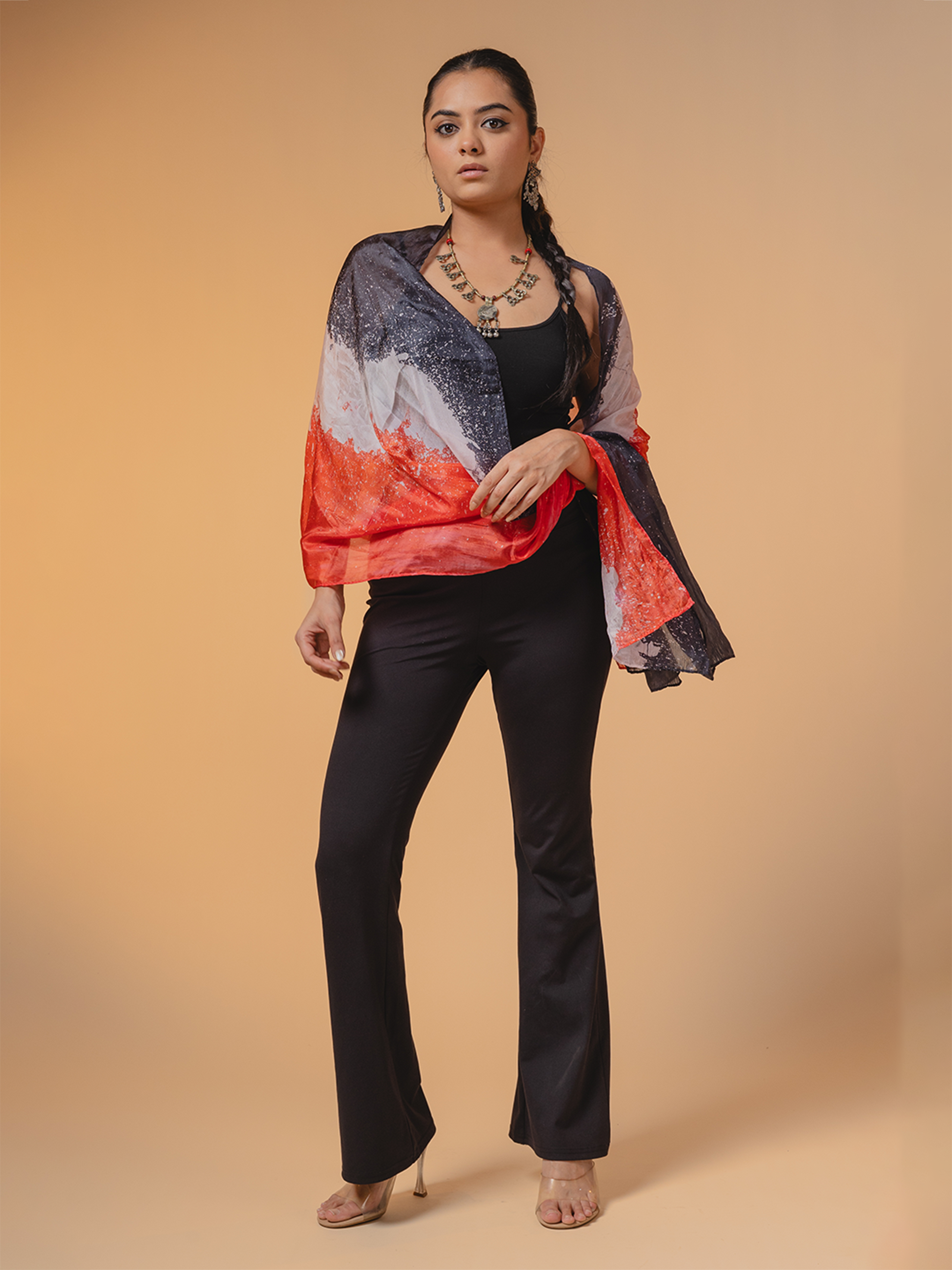 Batik Silk Stole Black, Red & White Stripe