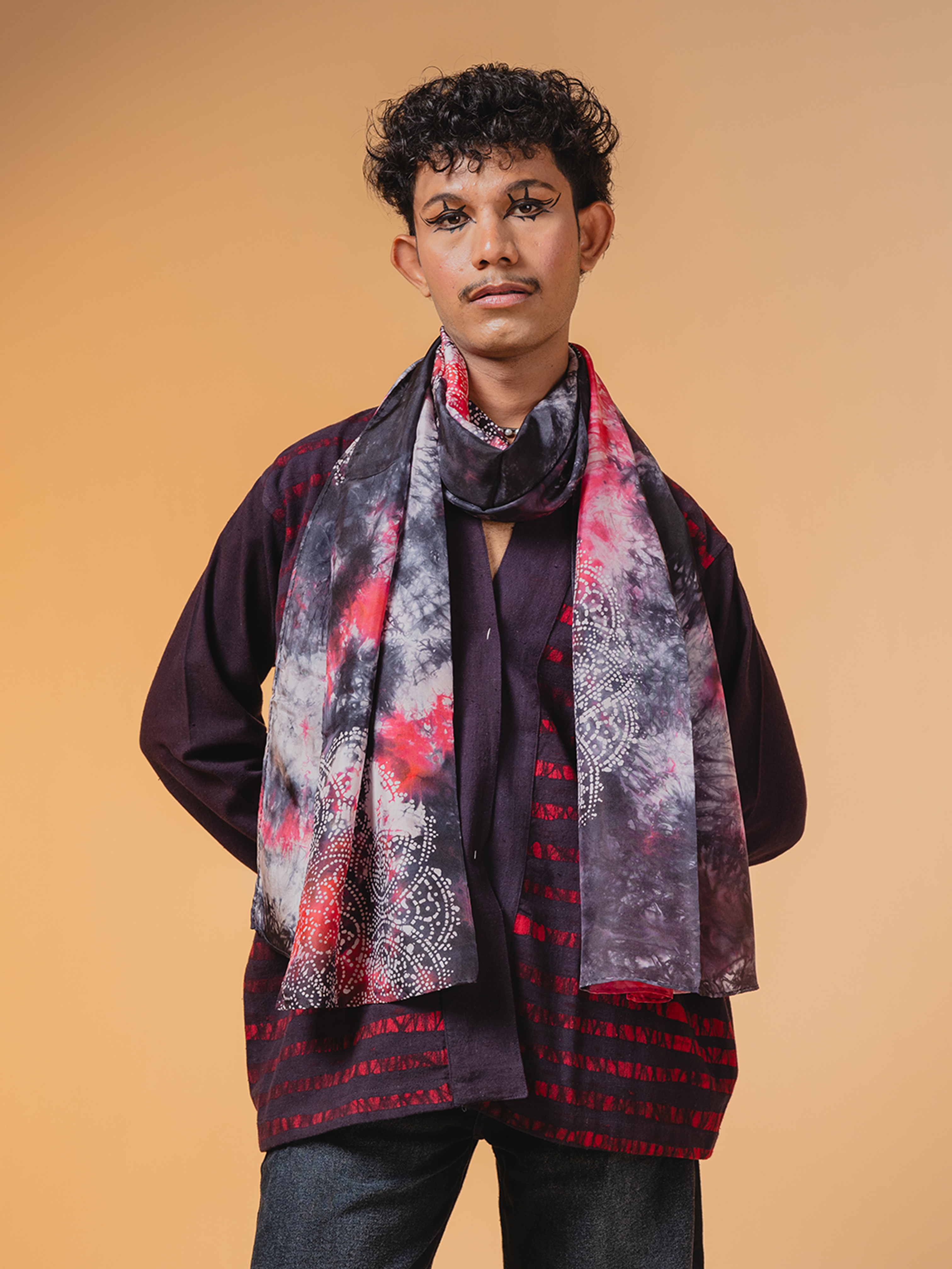 Batik Silk Stole Grey, Red & White
