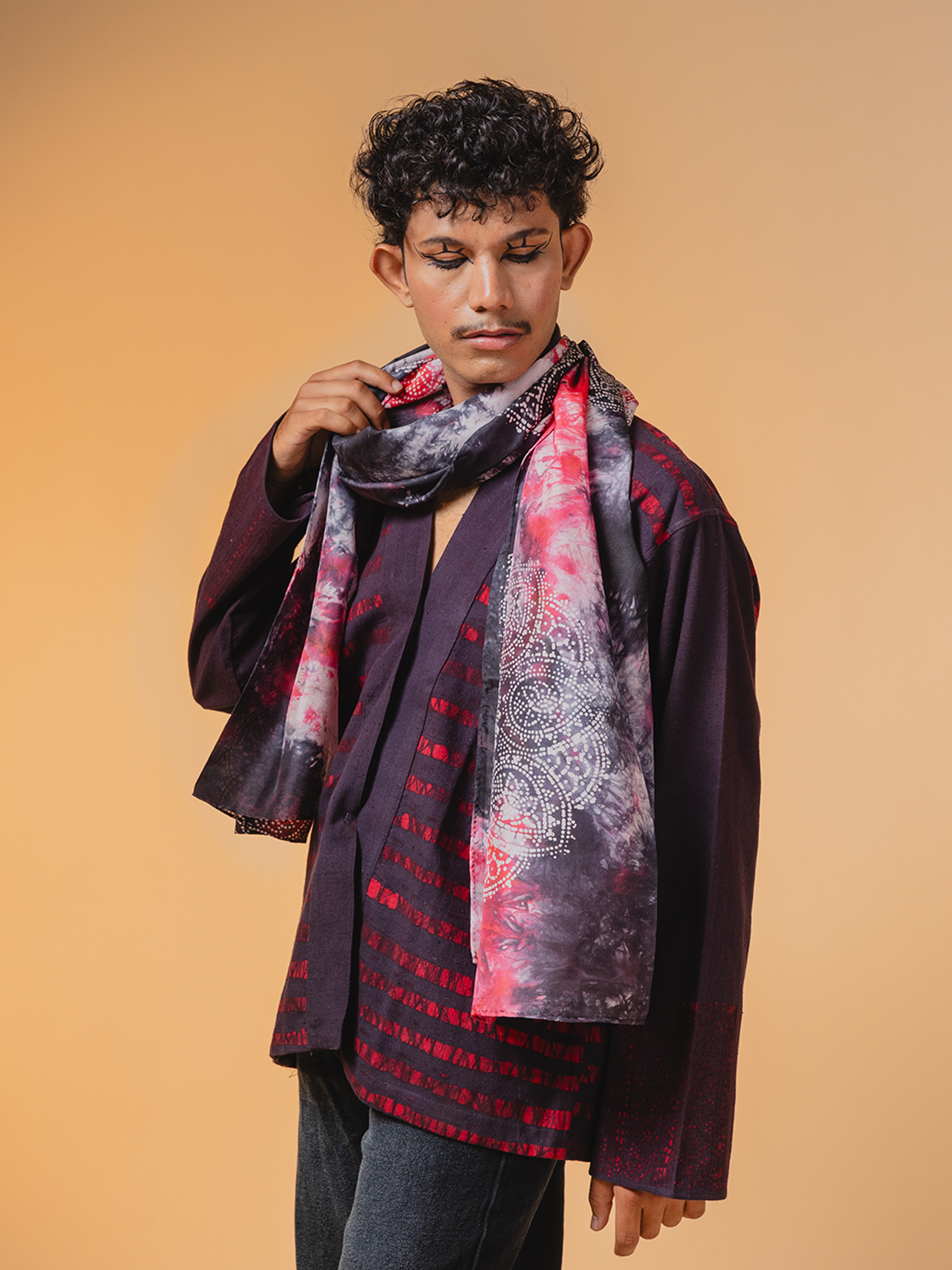 Batik Silk Stole Grey, Red & White