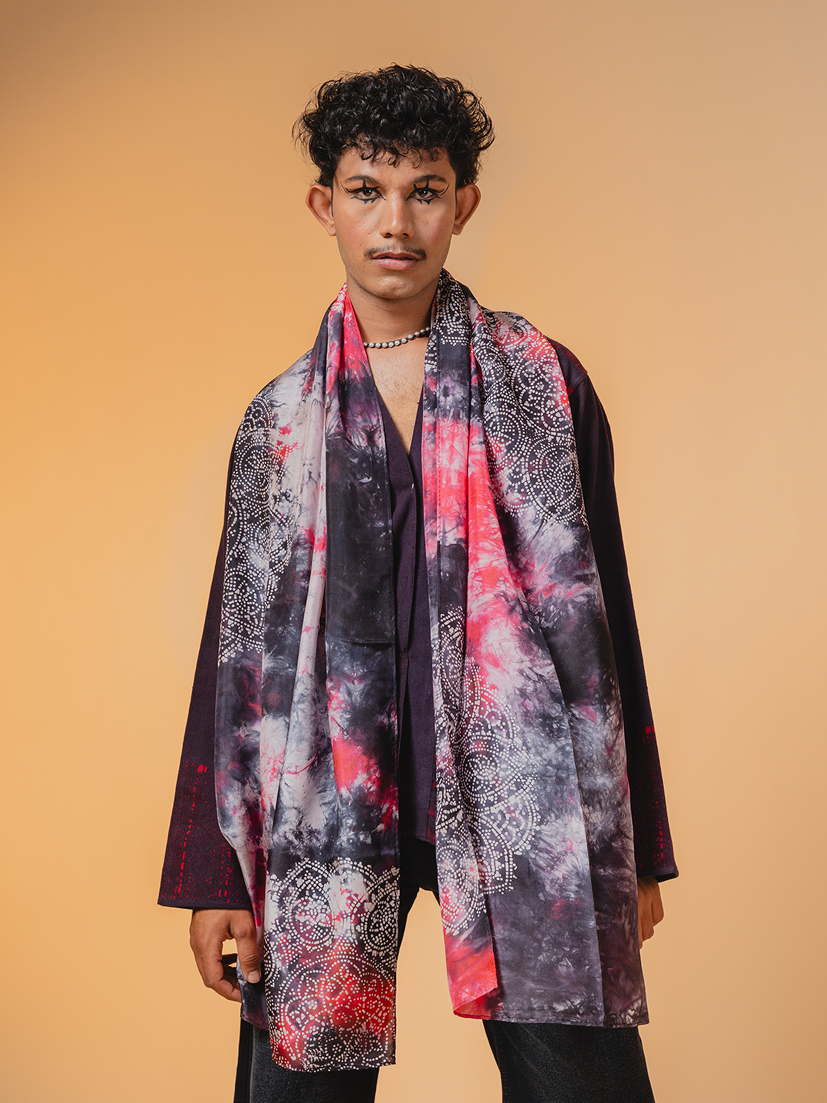 Batik Silk Stole Grey, Red & White