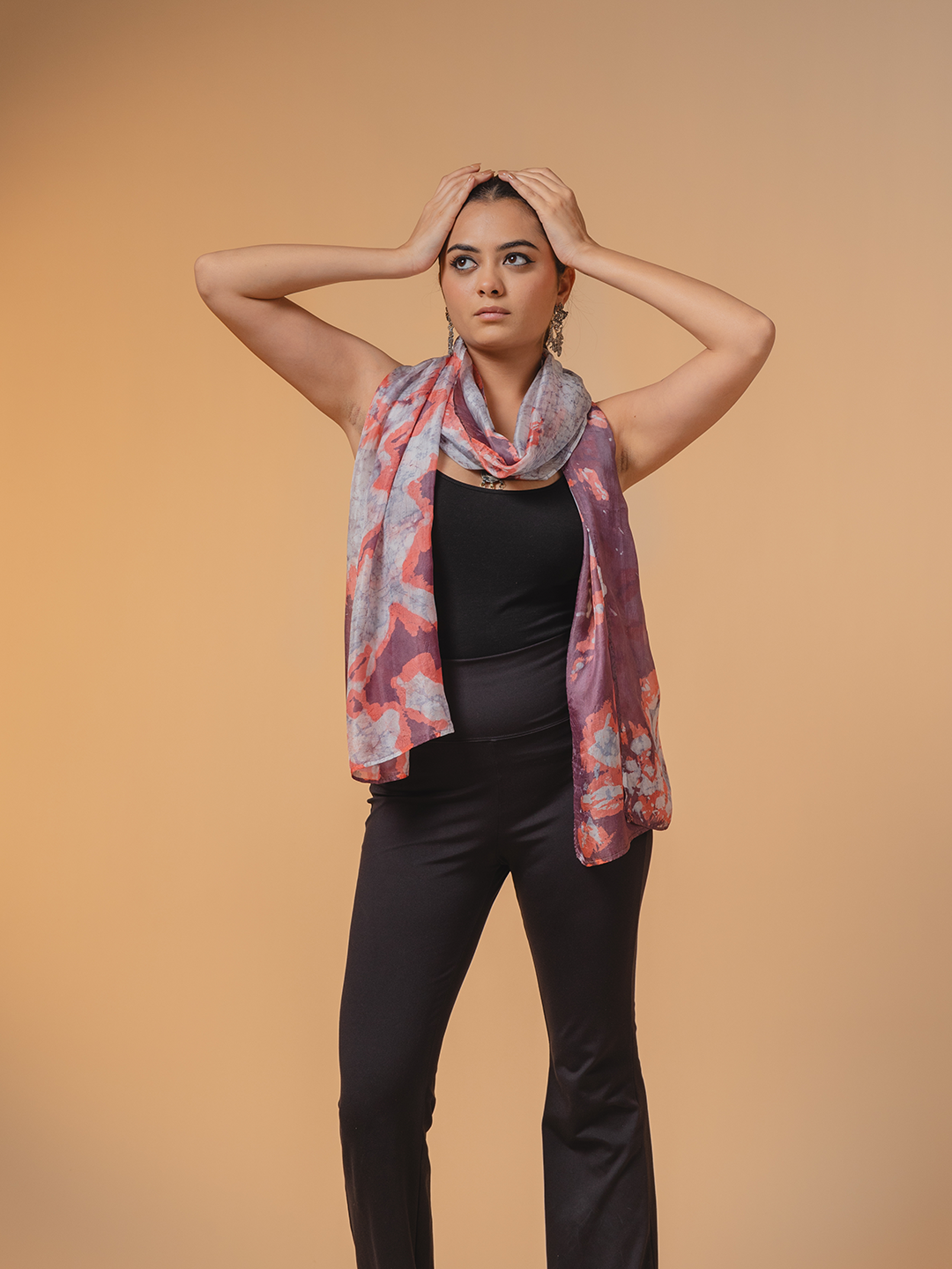 Batik Silk Stole Grey, Peach & Purple