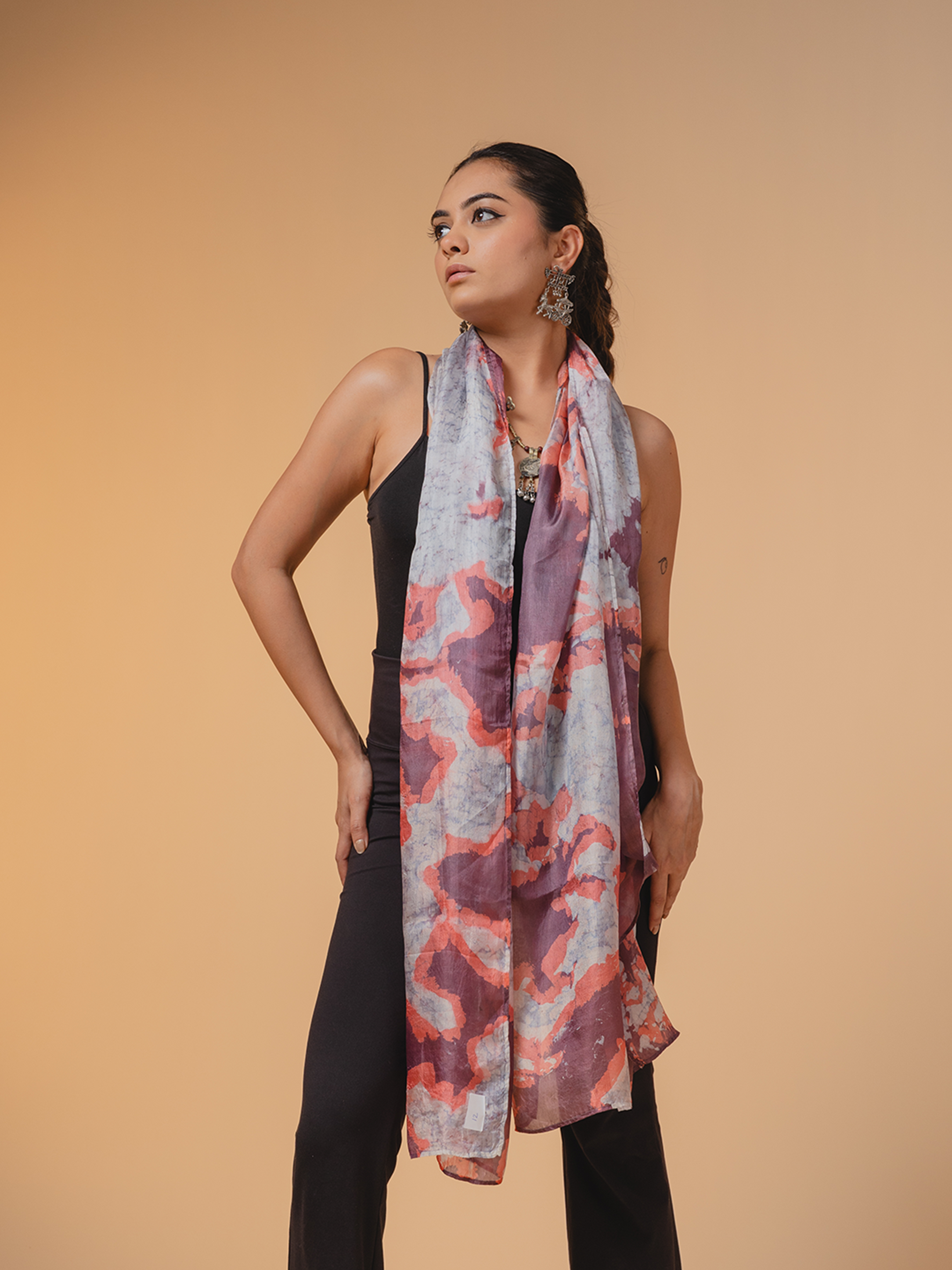Batik Silk Stole Grey, Peach & Purple