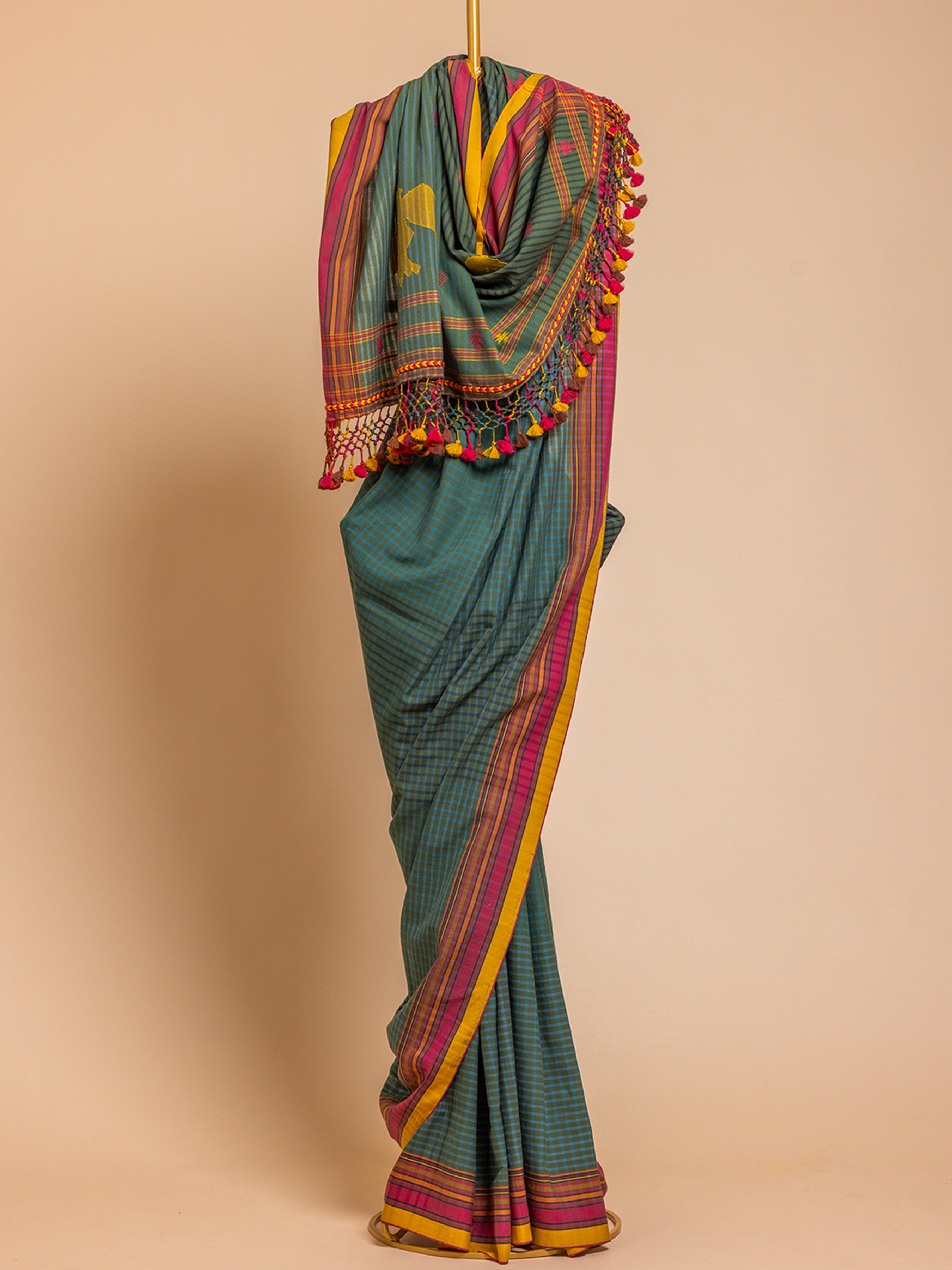 Extra-Weft Cotton Saree Turquoise Mynah