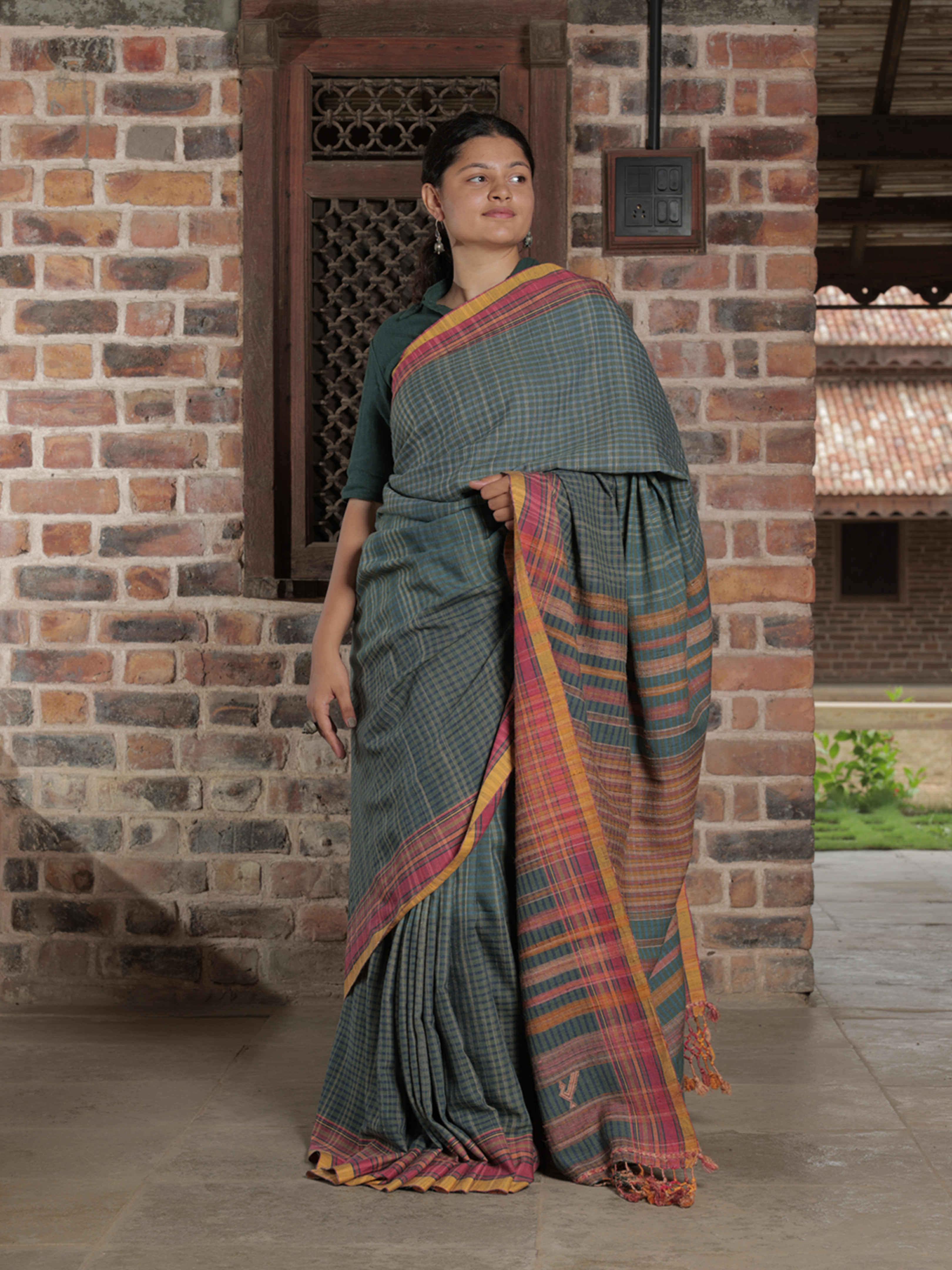 Extra- Weft  Cotton Saree Turquoise Panchhi