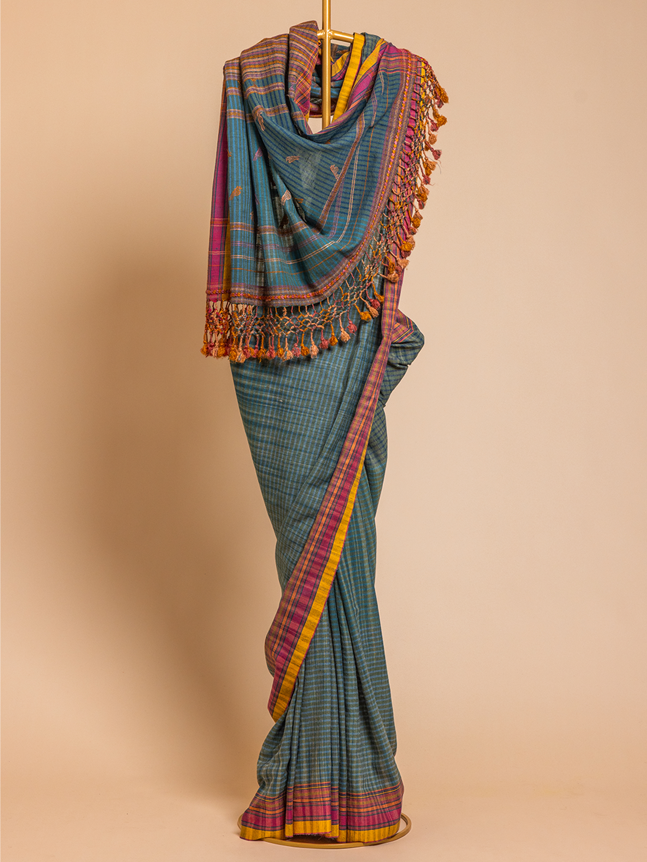 Extra- Weft Cotton Tussar Saree Turquoise
