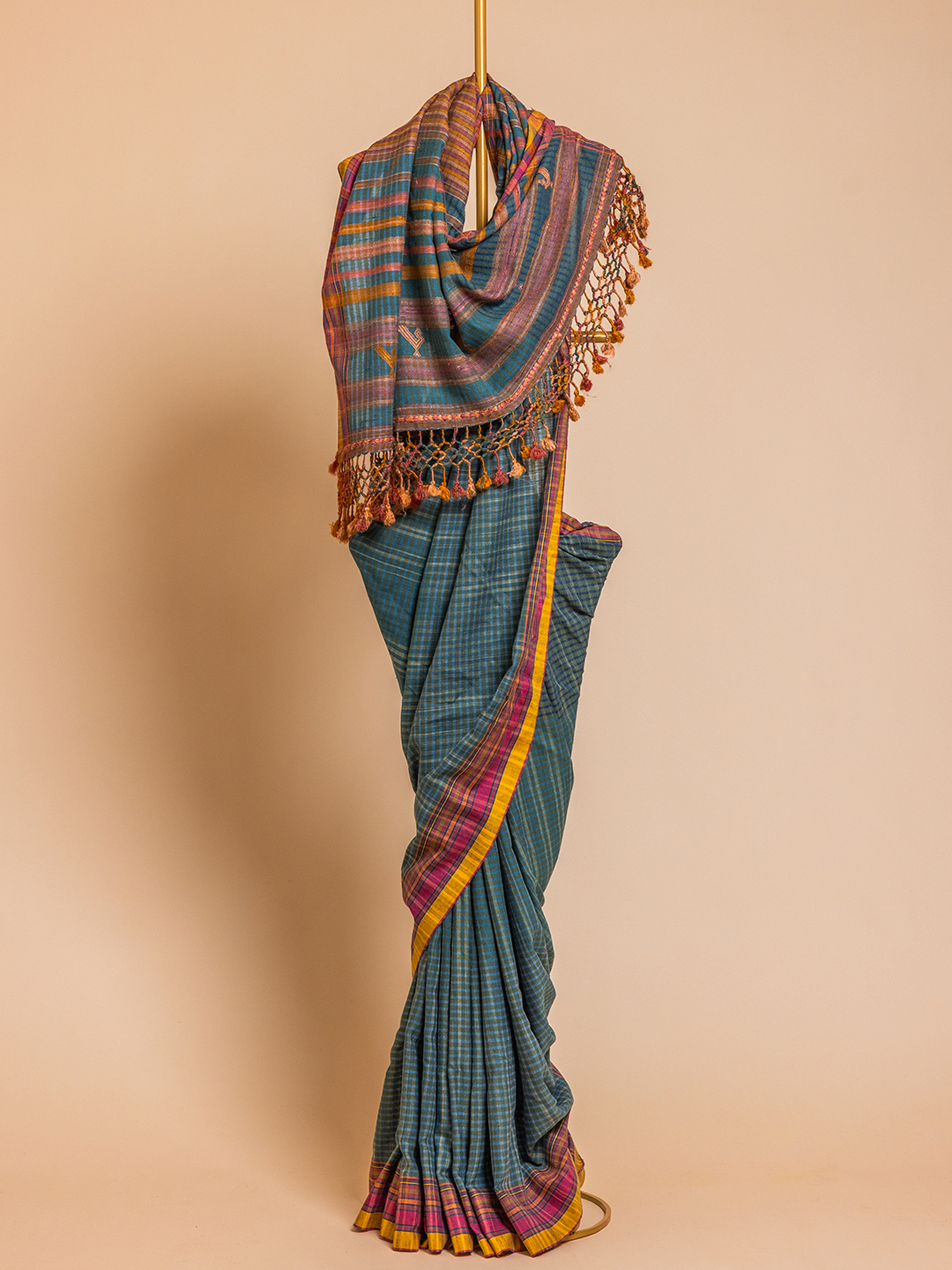 Extra- Weft Cotton Tussar Saree Turquoise Mor