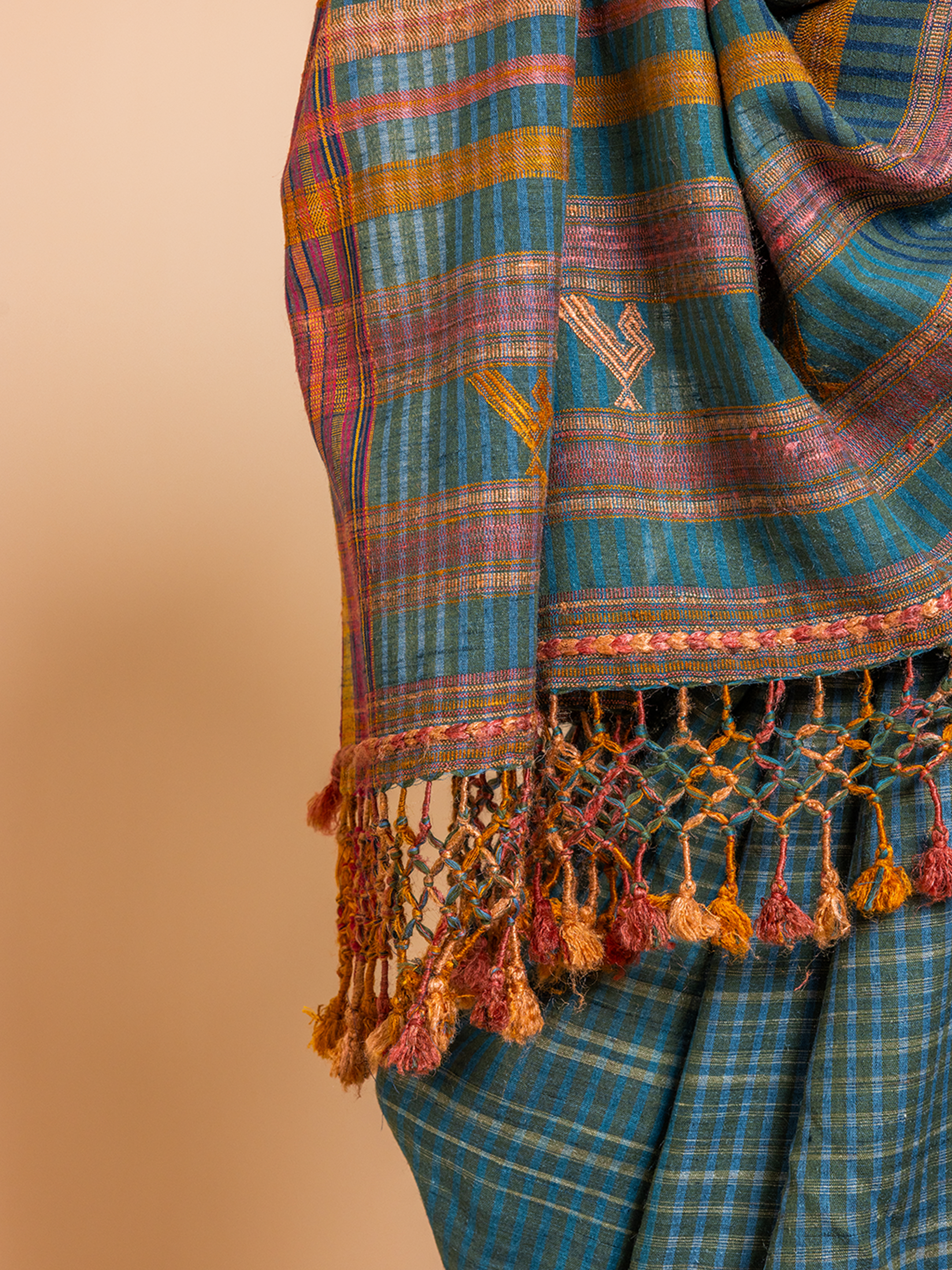 Extra- Weft Cotton Tussar Saree Turquoise Mor