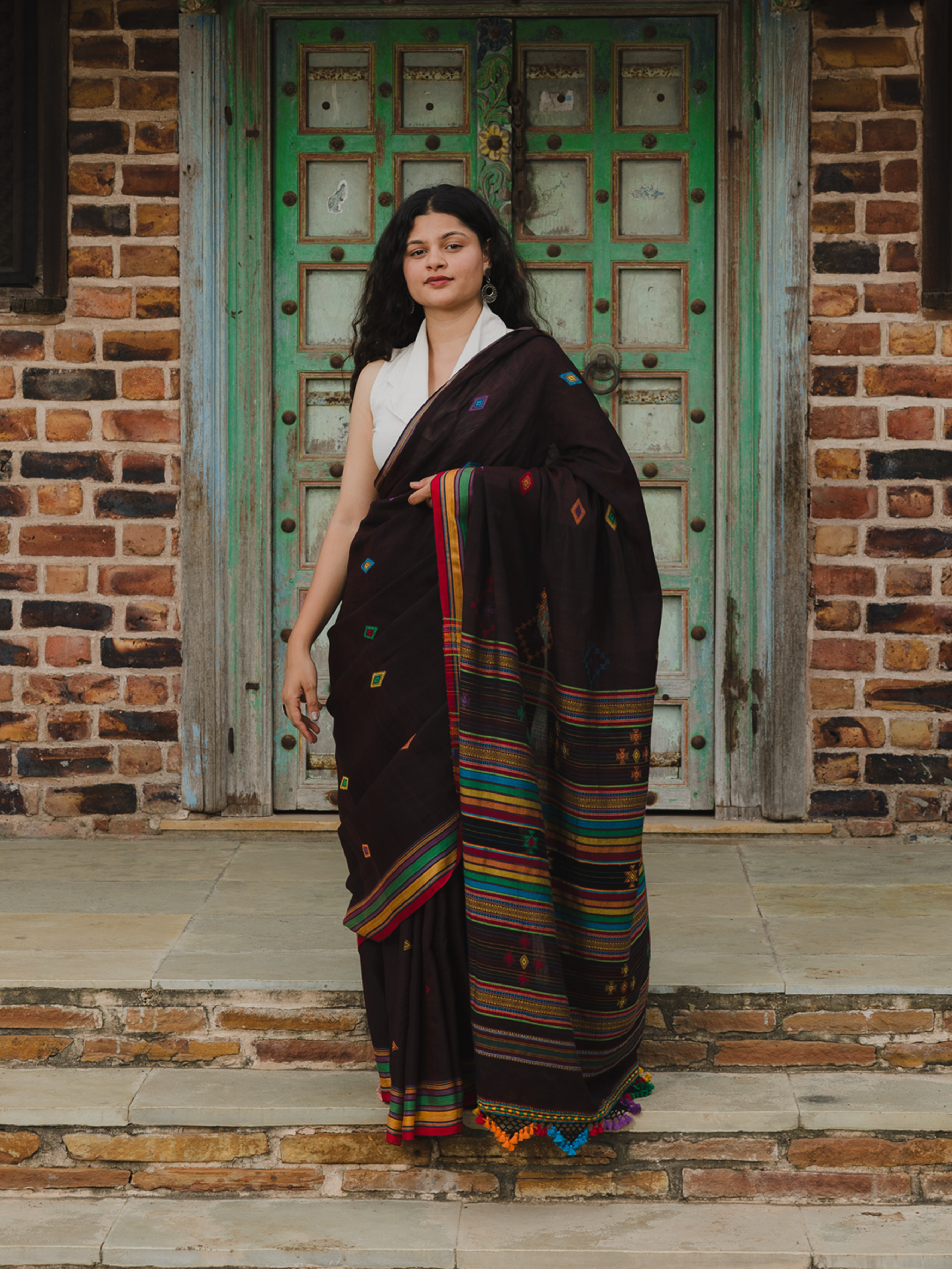 Extra Weft Bamboo Saree Dark Brown