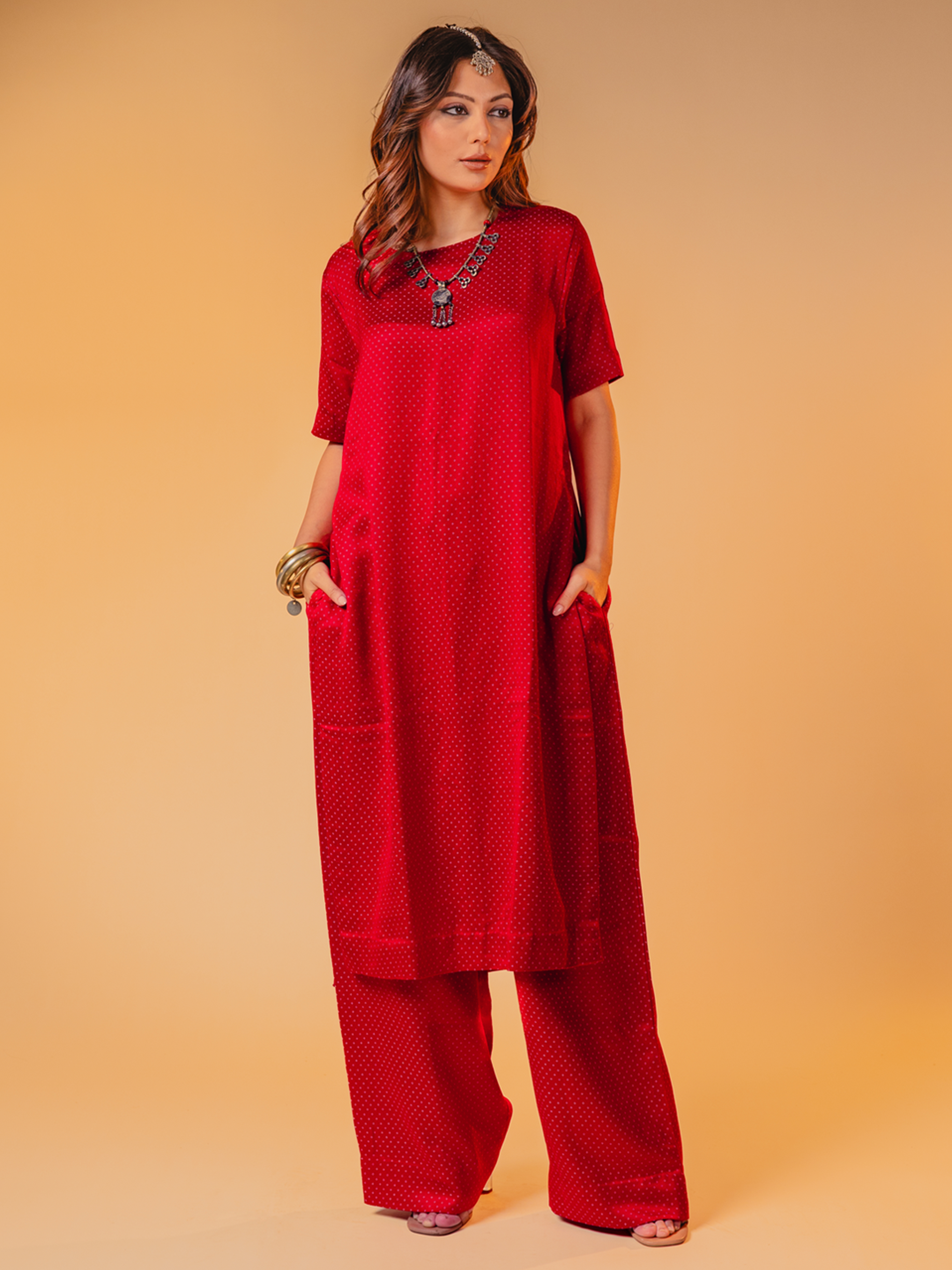Mashru Kurta Set Red